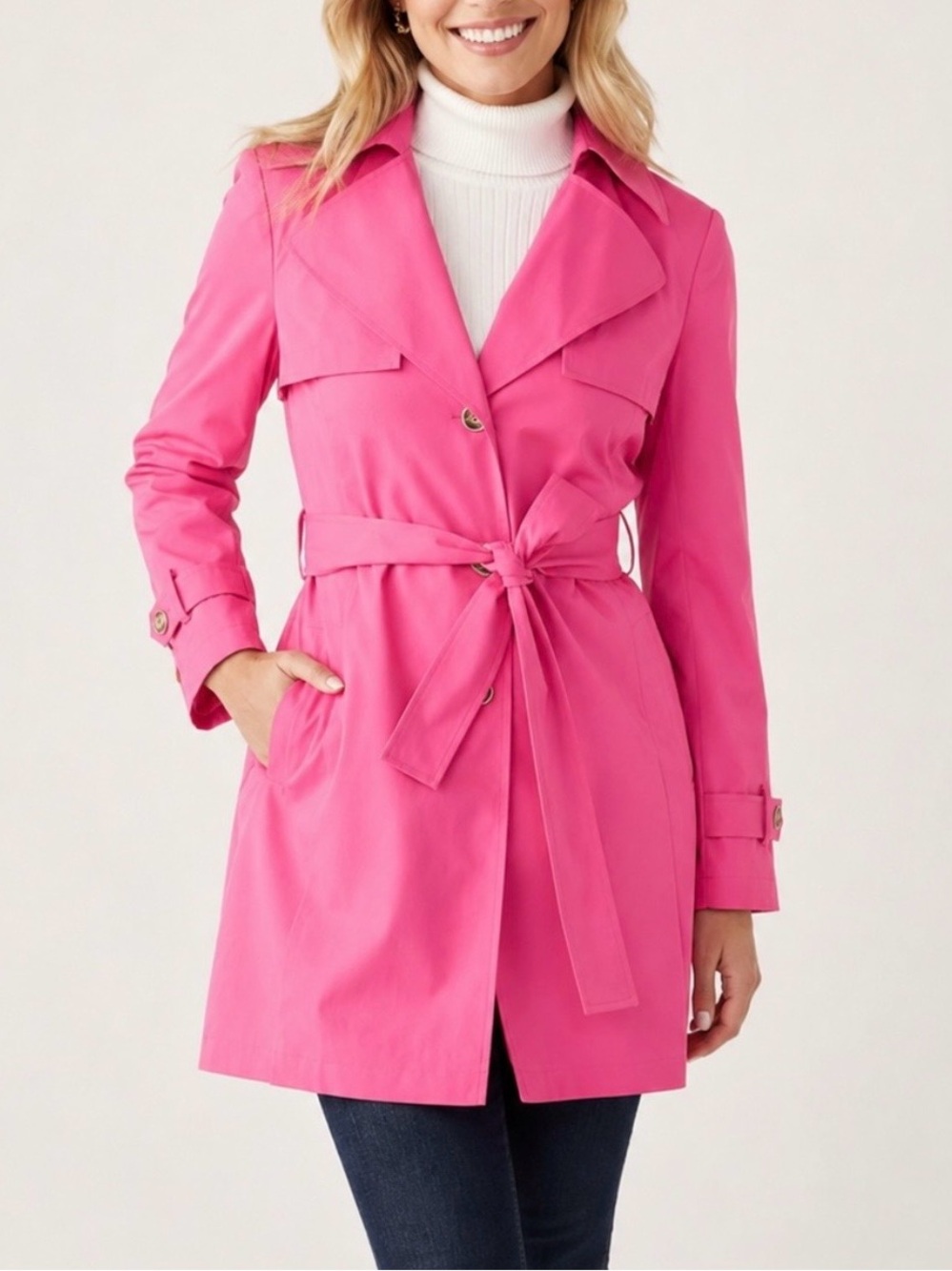 crown & ivy Bright Pink Belted Trench Coat